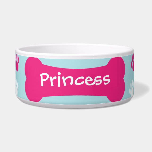 Dog Bone & Paw Prints Personalized Pet Dog Bowl (Front)