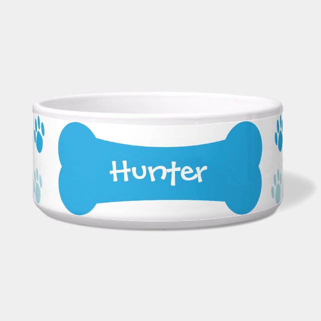Dog Bone & Paw Prints Personalized Pet Dog Bowl (Front)
