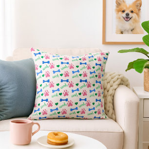 Dog Bone Woof Pink Blue Green Pattern Throw Pillow