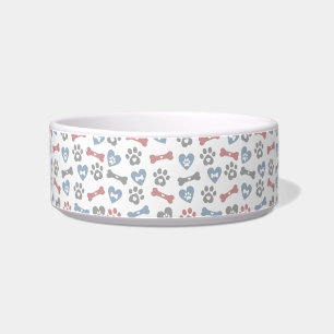 Dog Bones Paws And Hearts Blue Pink Grey Pattern Bowl