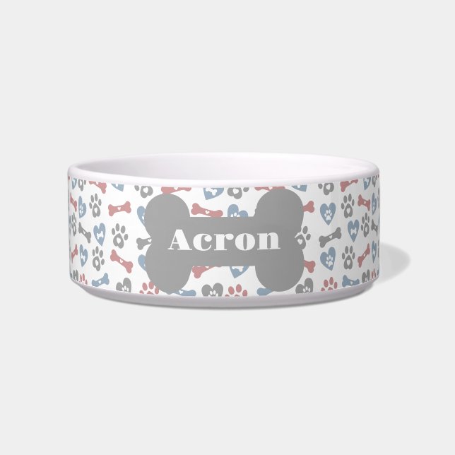 Dog Bones Paws And Hearts Blue Pink Grey Pattern Bowl (Front)