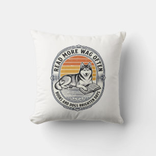 Dog Book Lover Shirt Vintage Engraving Husky Reade Throw Pillow