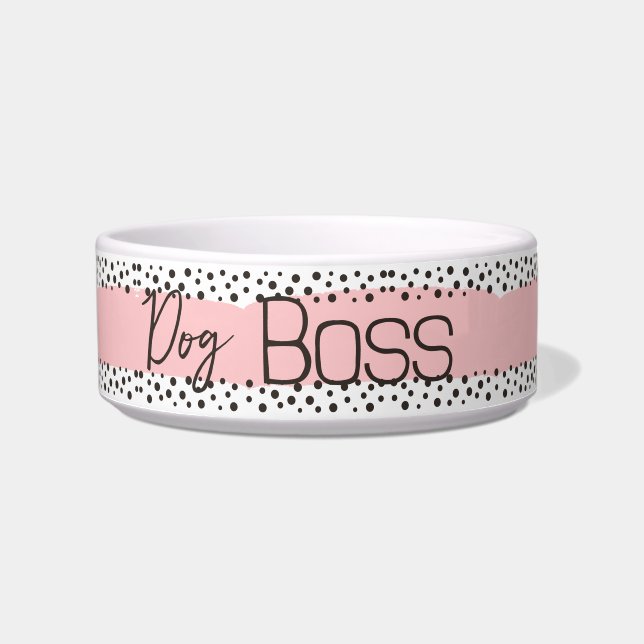 Dog Boss l Girly l Pink Polka Dot, dog  Bowl (Front)