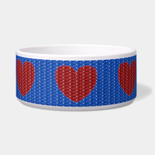 Dog Bowl Blue Red Heart Glitter