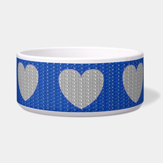 Dog Bowl Blue Silver Heart Glitter (Front)