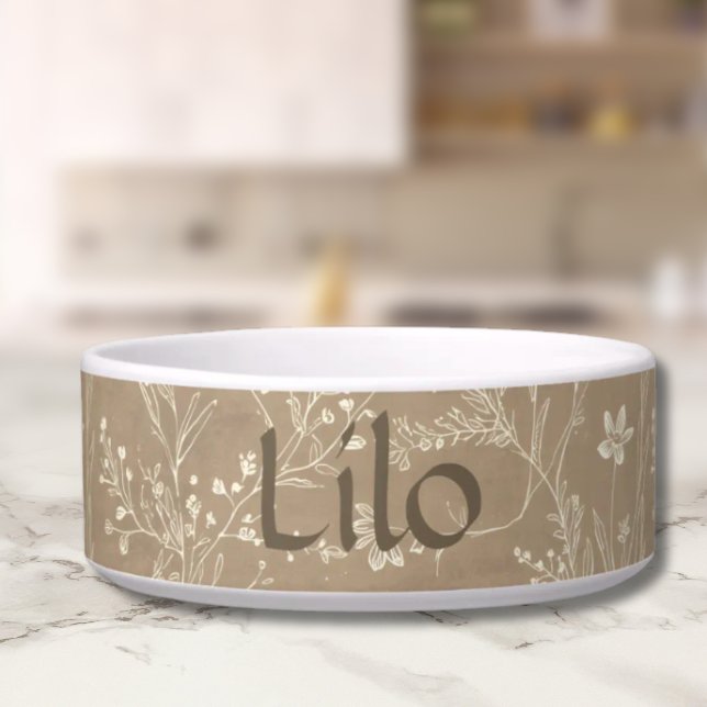 Dog Bowl - Brown Botanical, Personalized (Personalized Brown Botanical Pet Bowl)