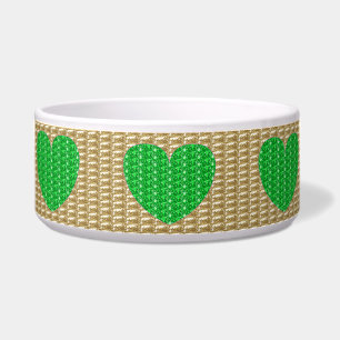 Dog Bowl Gold Green Heart Glitter