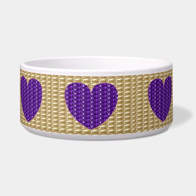 Dog Bowl Gold Ribbed Purple Heart Glitter (Front)