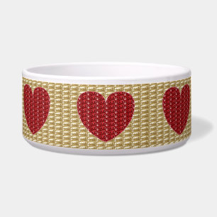 Dog Bowl Gold Ribbed Red Heart Glitter