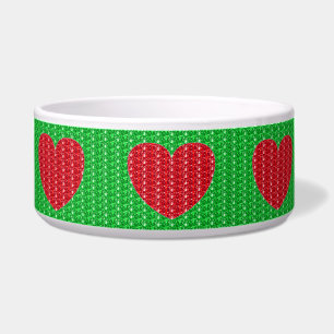 Dog Bowl Green Red Heart Glitter