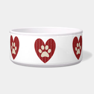 Dog Bowl Paw Heart Red White Glitter..