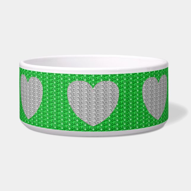 Dog Bowl Silver Green Heart Glitter (Front)