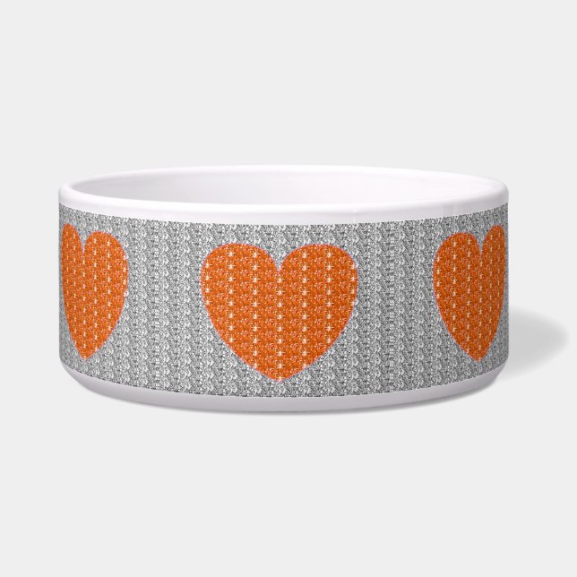 Dog Bowl Silver Orange Heart Glitter (Front)