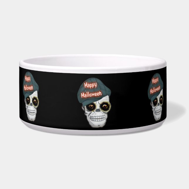 Dog Bowl Skeleton Head Happy Halloween (Front)