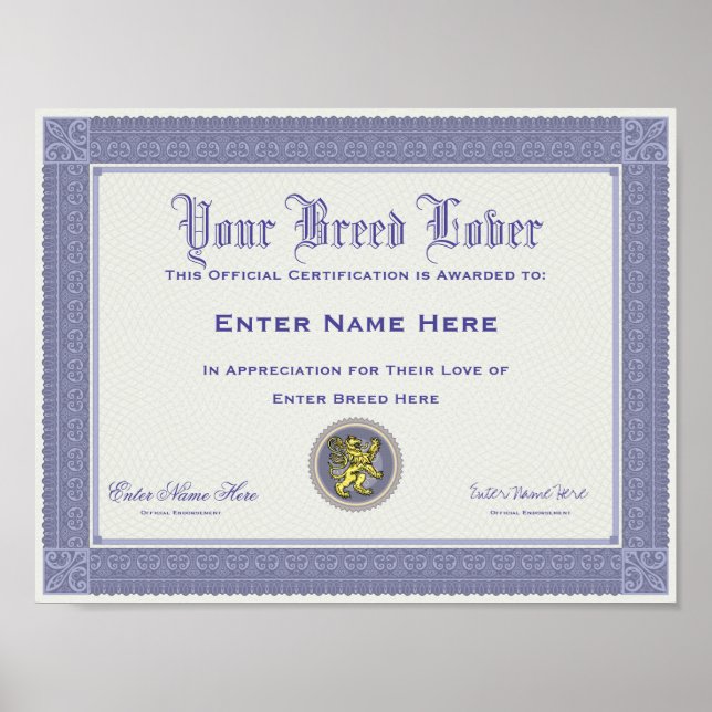 Dog Breed Lover Personalized Certification Poster (Front)