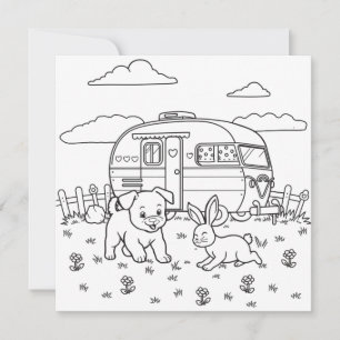 Dog, Bunny and Camp Kid's Camping Colouring Pag