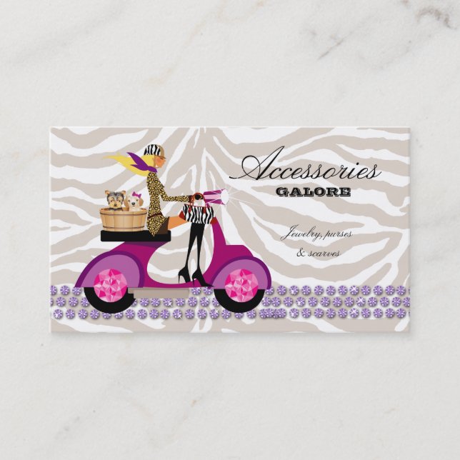 Dog Business Card Zebra Scooter Purple Blonde (Front)
