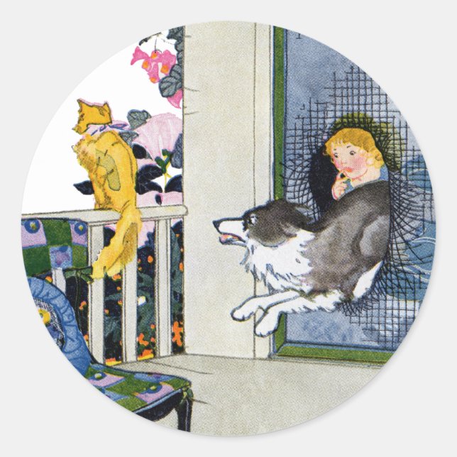 Dog Busts Screen Door to Get Cat Classic Round Sticker (Front)