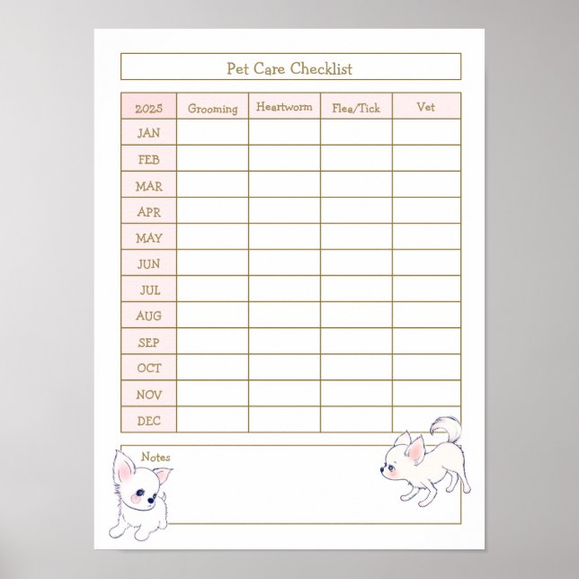 Dog Care Checklist Log - White Chihuahua Puppy Poster (Front)