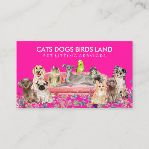 Dog Cat Bird Hotel Sofa Pet Sitting pink floral Business Card