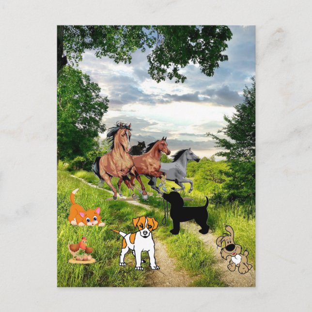 Dog Cat Chicken Horses Postcard (Front)