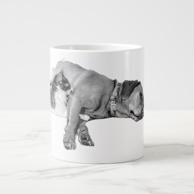 Dog & Cat Cuddling Monochrome Art Mug (Front)