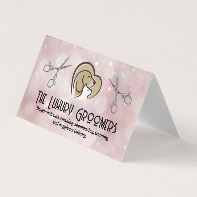 Dog Cat Heart Logo | Scissors | Bokeh Business Card (Front)