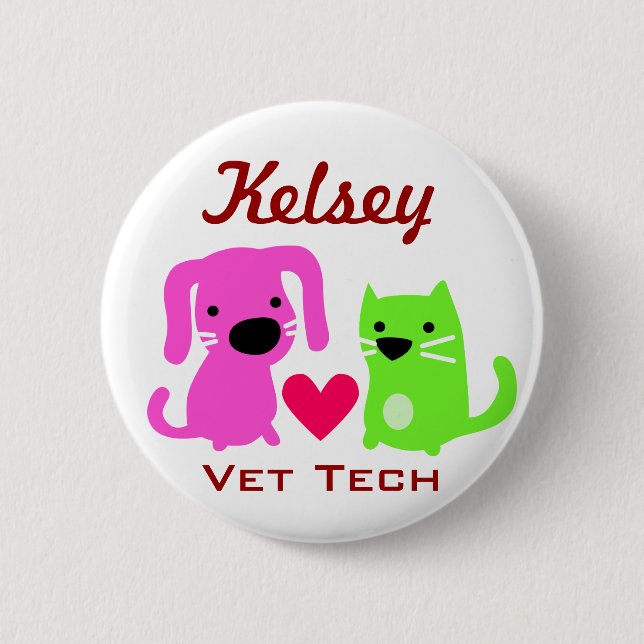Dog Cat & Heart Vet Tech 2 Inch Round Button (Front)