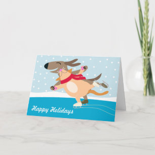 Dog & Cat Ice Skating-Happy Holidays Holiday Card