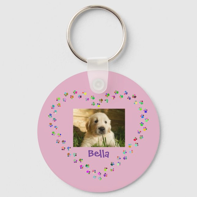 Dog Cat Paw Prints Heart Pet Photo Keychain (Front)