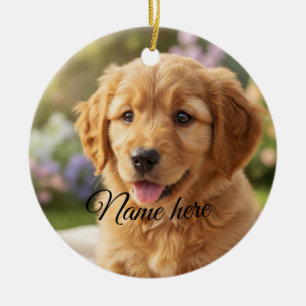 Dog cat pet name photo template simple minimal  ceramic ornament