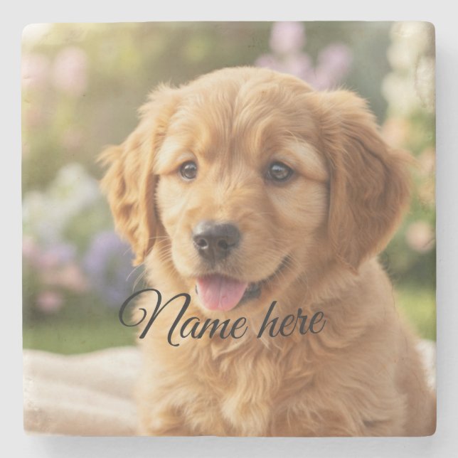 Dog cat pet name photo template simple minimal  stone coaster (Front)