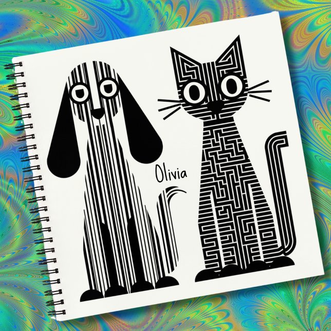 Dog & Cat,Stripes & Maze Pattern,Funny,Cute Custom Notebook (Creator Uploaded)