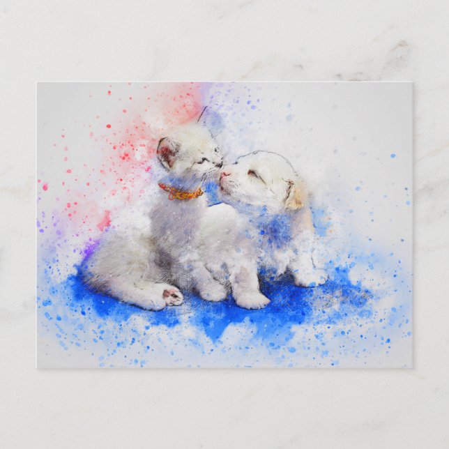 Dog Cat Watercolor Love Cuteness Postcard (Front)