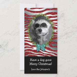 Dog Christmas Cute Photo Frame Zebra Glitter Holiday Card