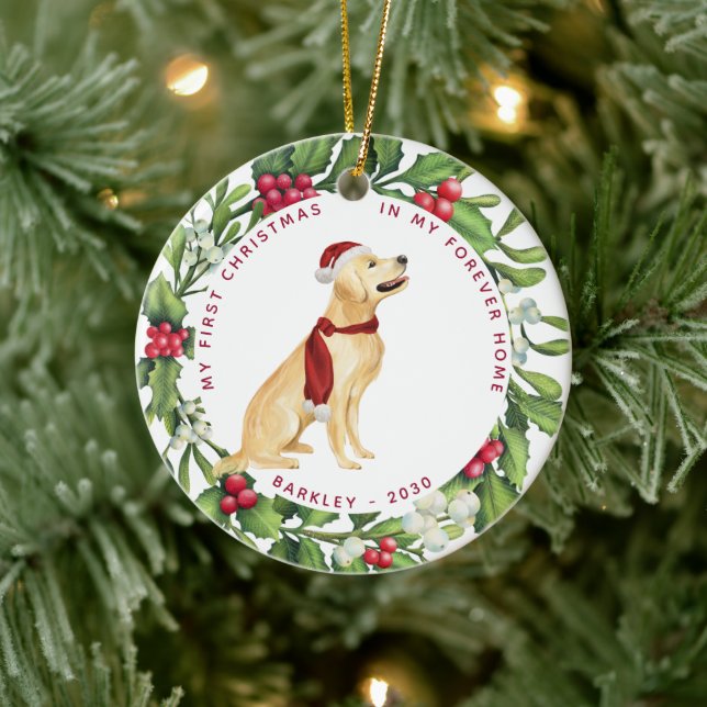 Dog Christmas Golden Retriever Mistletoe Holiday Ceramic Ornament (Tree)