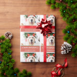 Dog Christmas Photo Happy Pawlidays Wrapping Paper<br><div class="desc">Modern holiday wrapping paper with your favourite photo of your fur baby,  "Happy Pawlidays",  family name in modern serif lettering overlaying festive red background</div>