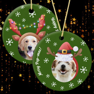 Dog Christmas Photos w/ Santa Reindeer Antler Hats Ceramic Ornament