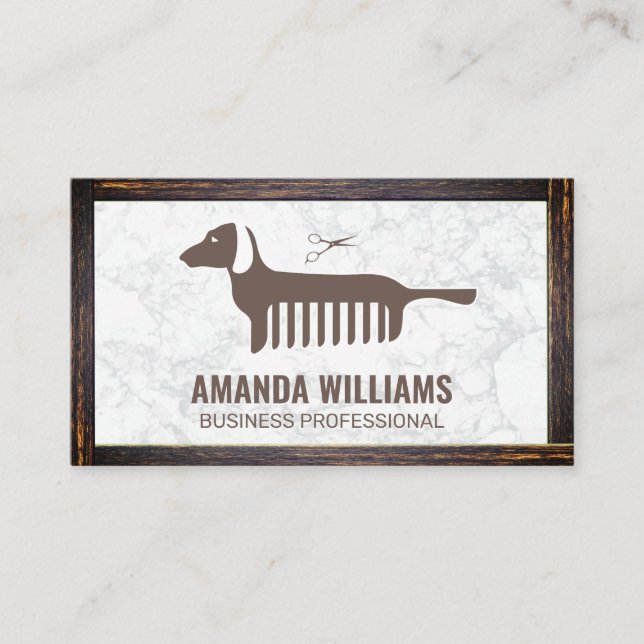 Dog Comb Icon | Marble | Wood Border Business Card (Front)