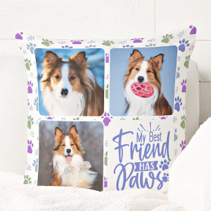 Dog Custom 3 Photo Best Friend Has Paws Paw Print Throw Pillow