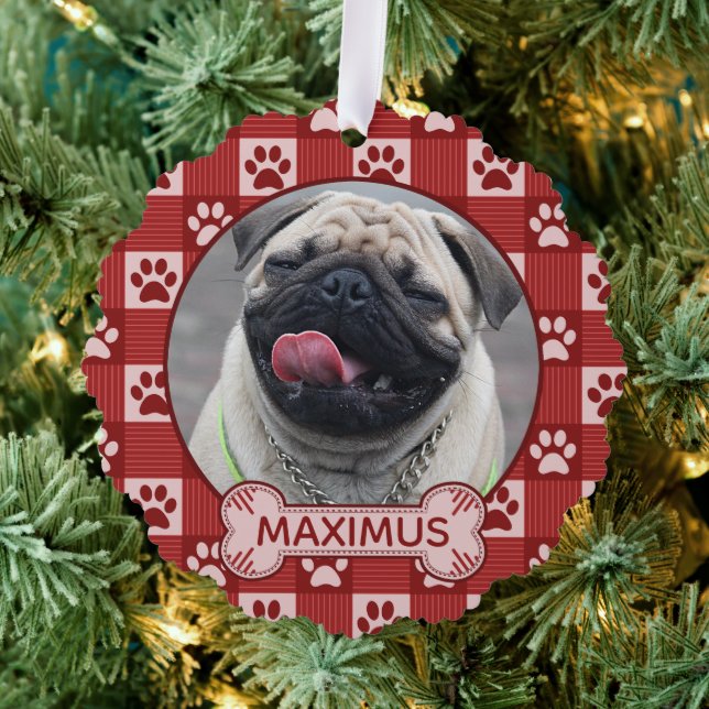 Dog Custom Photo and Name Red Paw Print Gingham Ornament Card (Insitu (Tree))