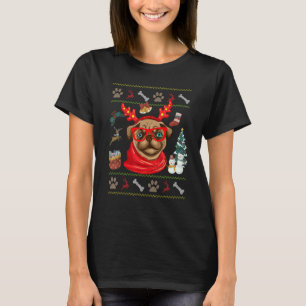 Dog  Cute Pug Reindeer Antlers Ugly Christmas T-Shirt