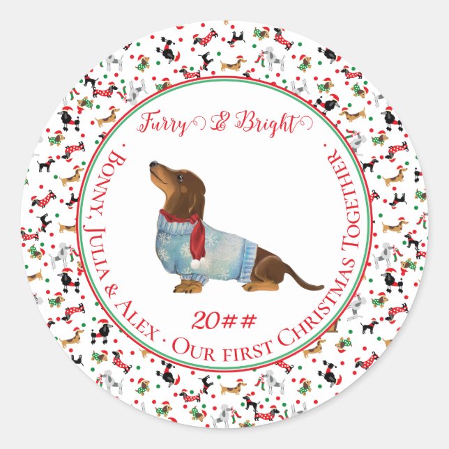 Dog Dachshund Through Snow Christmas Furry Bright Classic Round Sticker (Front)