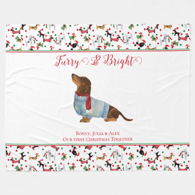 Dog Dachshund Through Snow Christmas Furry Bright Fleece Blanket (Front (Horizontal))