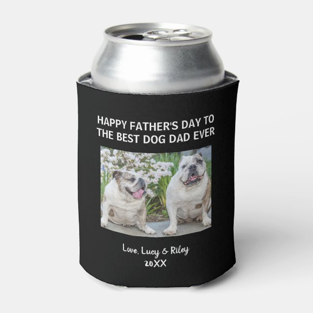 Dog Dad Happy Father's Day Custom Photo Black Can Cooler (Can Front)
