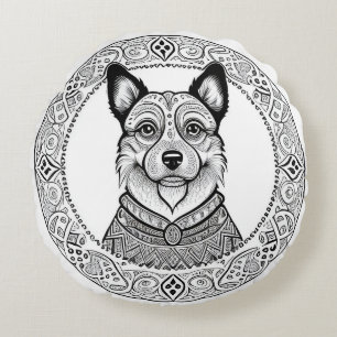 Dog Detailed Line Art Round Pillow