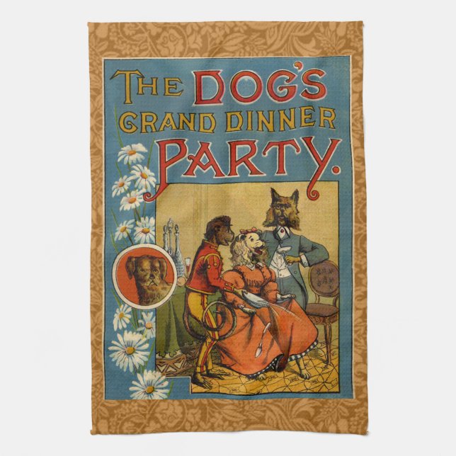Dog Dinner Party Vintage dog illustration Kitchen Towel (Vertical)