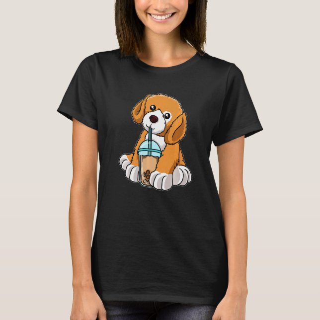 Dog Drinking Bubble Tea Cute Animals With Boba Tea T-Shirt (Front)