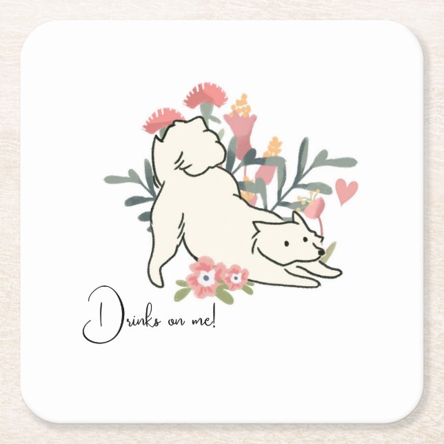 Dog Drinks on Me Spring Cocktail Wedding  Square Paper Coaster (Front)