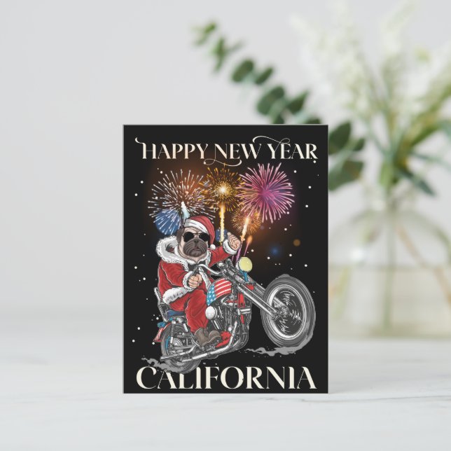 Dog Drives A Motorcycle To California Holiday Postcard (Standing Front)